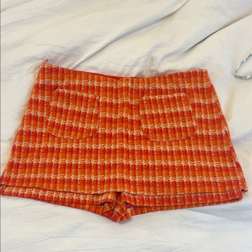 Anthropologie Orange Plaid Tweed High-Waist Shorts